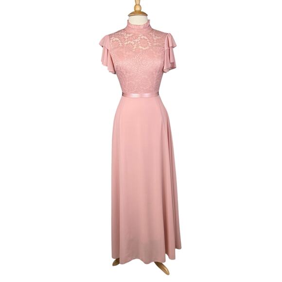 Womens Dusty Pink Floral Lace Butterfly Sleeve High Neck Maxi Formal Dress Small - Picture 7 of 16
